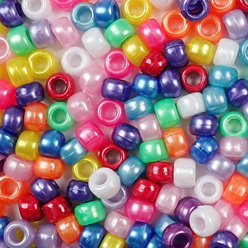 Bright Pearl Rainbow Mix Plastic Pony Beads. Size 6 x 9 mm. Craft Beads. Made in the USA. Bulk Pack.