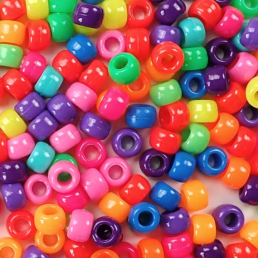 Neon Rainbow Mix Plastic Pony Beads. Size 6 x 9 mm. Craft Beads. Made in the USA. Bulk Pack.