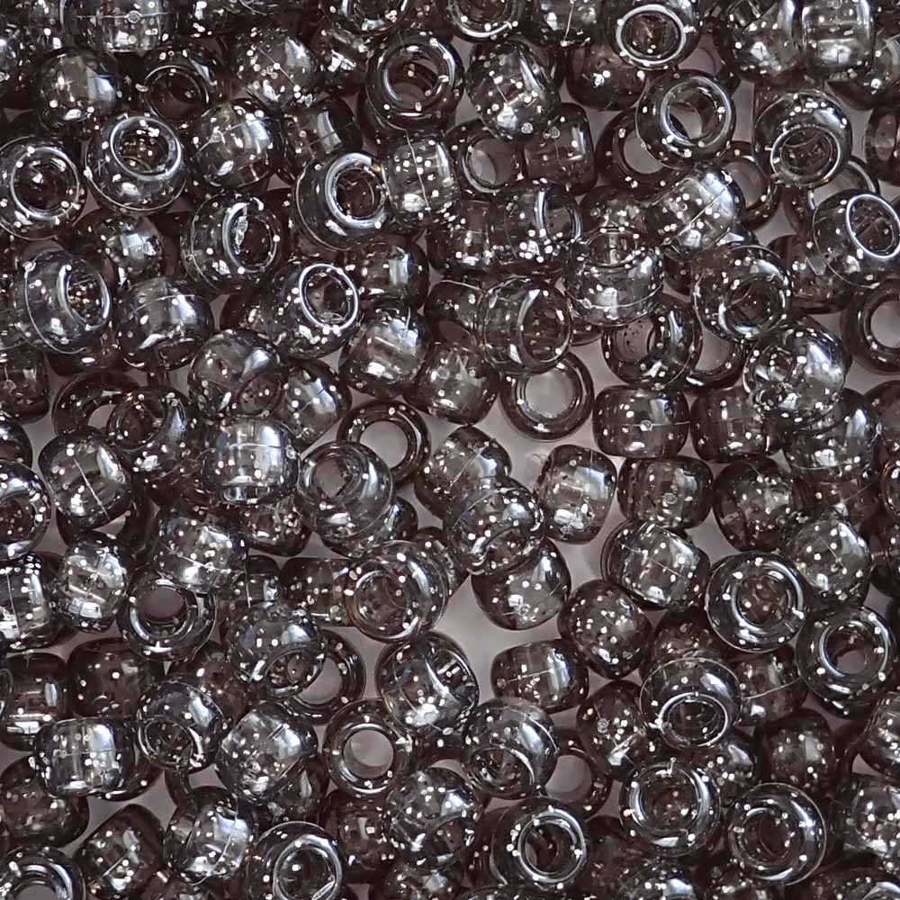 Jet Black Silver Glitter Plastic Pony Beads. Size 6 x 9 mm. Craft Beads. Bulk Pack.