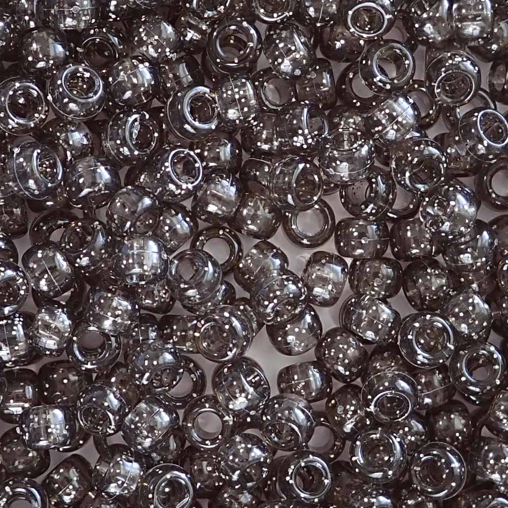 Jet Silver Glitter Plastic Pony Beads. Size 6 x 9 mm. Craft Beads.