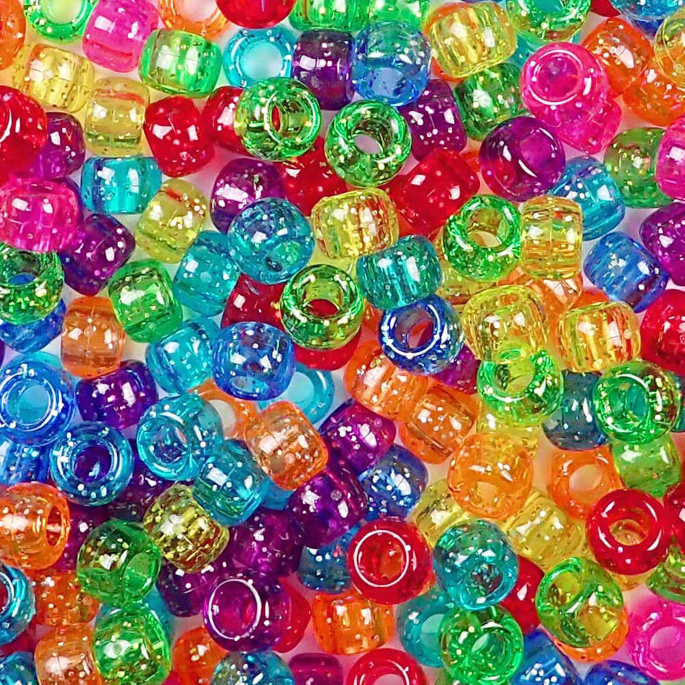 Sparkling Glitter Rainbow Plastic Pony Beads. Size 6 x 9 mm. Craft Beads. Made in the USA. Bulk Pack.