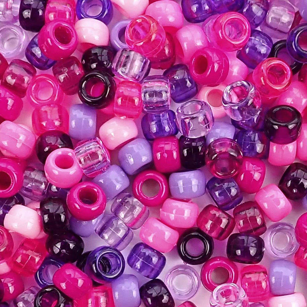 Berry Medley Pink Purple Mix Plastic Pony Beads. Size 6 x 9 mm. Craft Beads. Made in the USA. Bulk Pack.