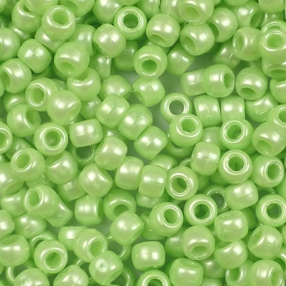 Light Lime Green Pearl Plastic Pony Beads. Size 6 x 9 mm. Craft Beads. Bulk Pack.