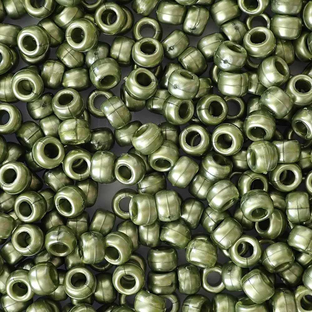 Dark Olive Green Pearl Plastic Pony Beads. Size 6 x 9 mm. Craft Beads. Bulk Pack.