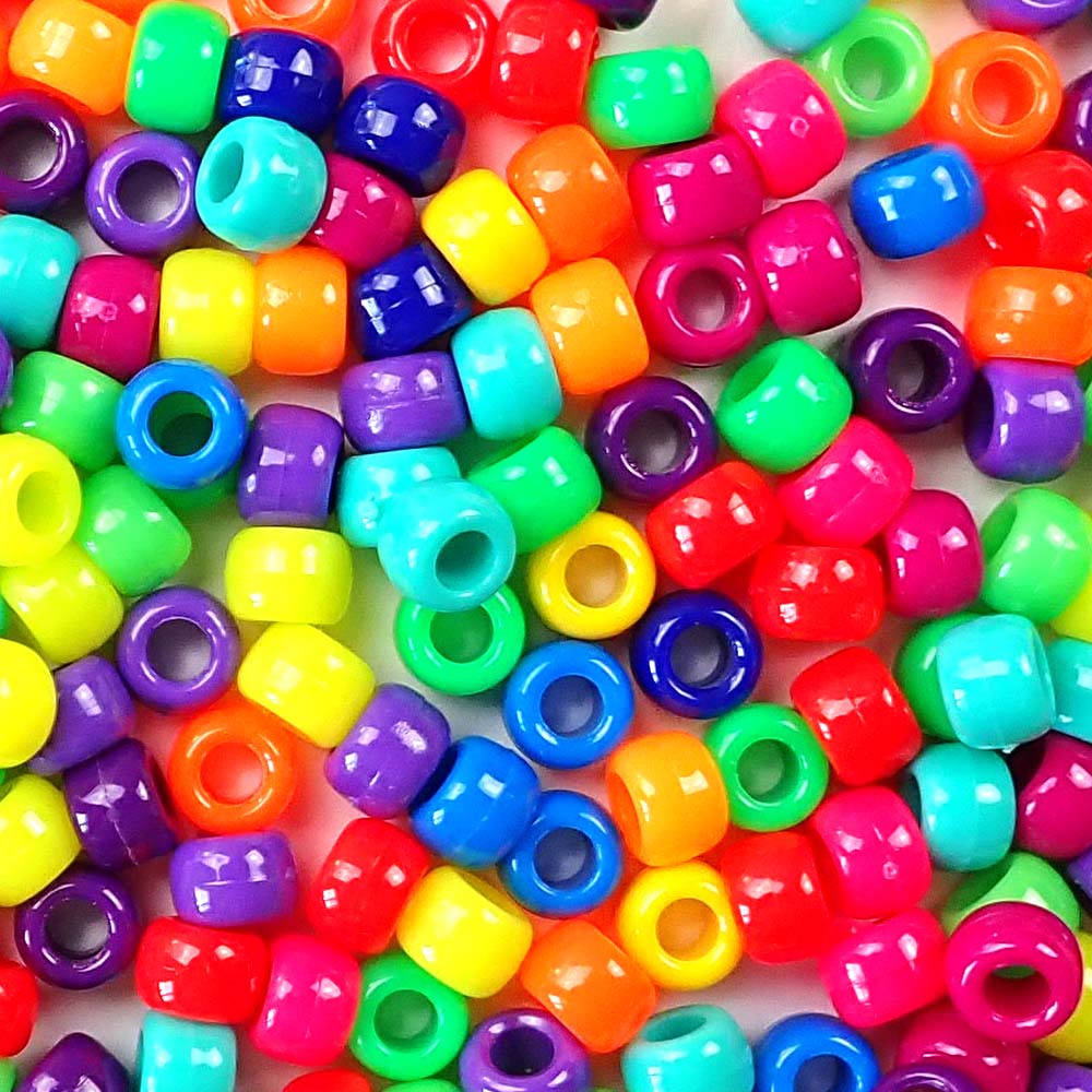 Vivid Bold Rainbow Mix Plastic Pony Beads. Size 6 x 9 mm. Craft Beads. Made in the USA. Bulk Pack.