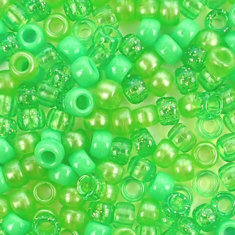 Lime Green Mix Plastic Pony Beads. Size 6 x 9 mm. Craft Beads. Made in the USA. Bulk Pack.