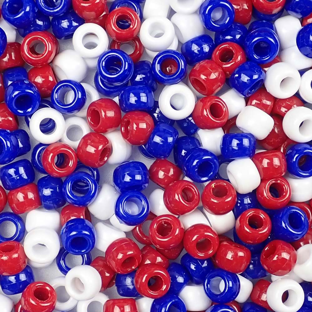 Patriotic Opaque Plastic Pony Beads. Size 6 x 9 mm. Craft Beads. Made in the USA. Bulk Pack.