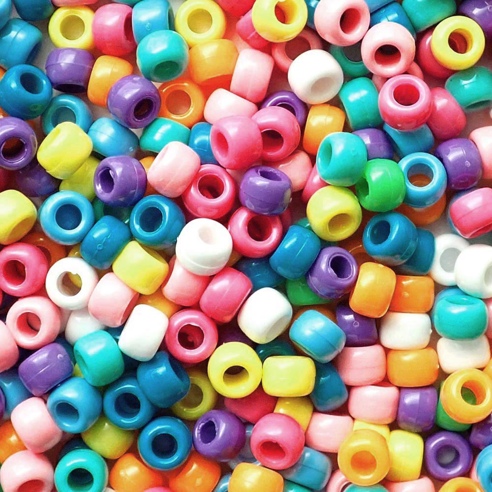 Bright Opaque Mix Plastic Pony Beads 6 x 9mm, 500 beads