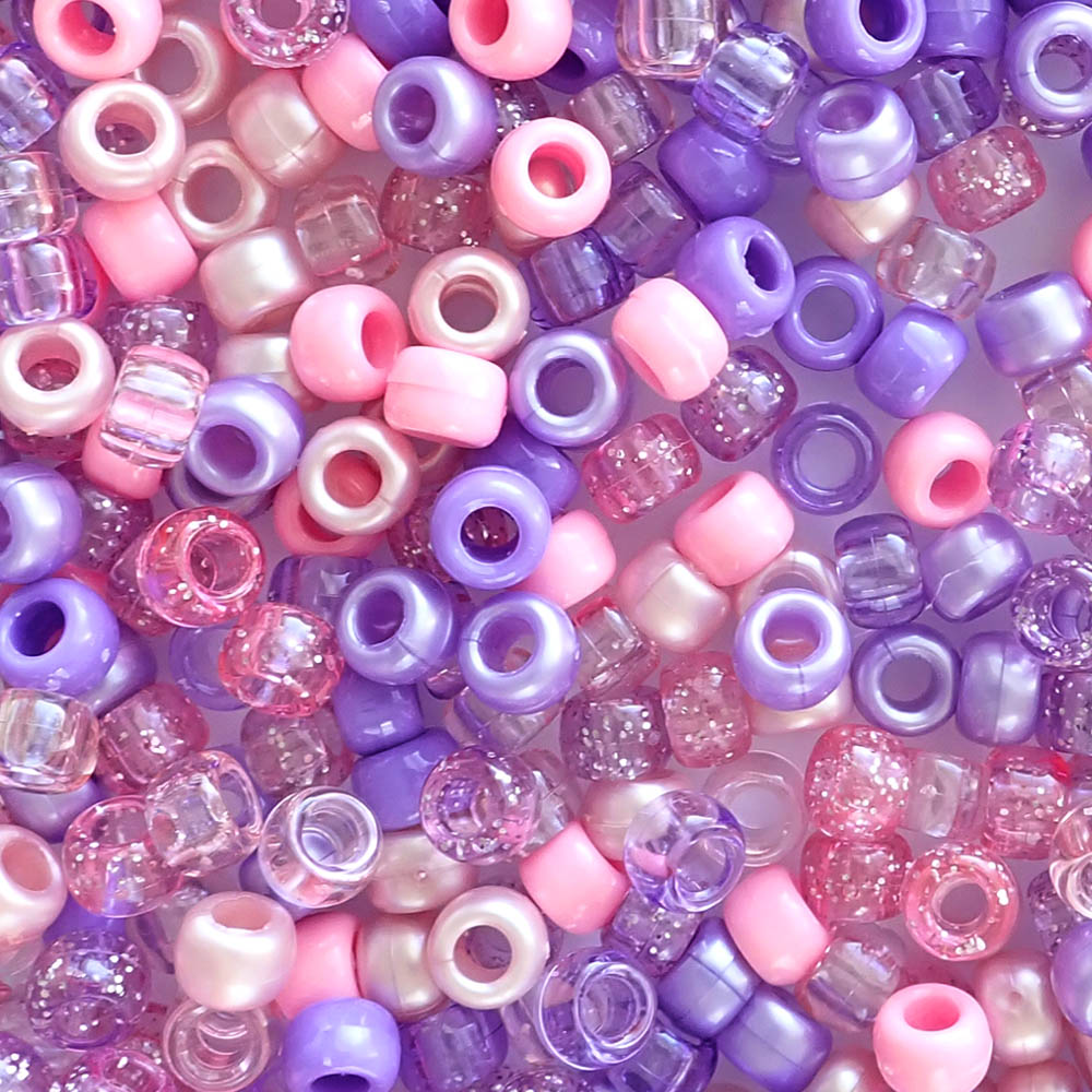 Pastel Pink & Purple Mix Plastic Pony Beads. Size 6 x 9 mm. Craft Beads. Made in the USA.