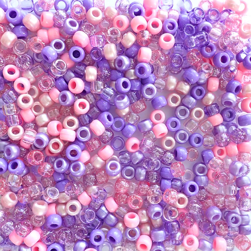 Pastel Pink & Purple Mix Plastic Pony Beads. Size 6 x 9 mm. Craft Beads. Made in the USA.