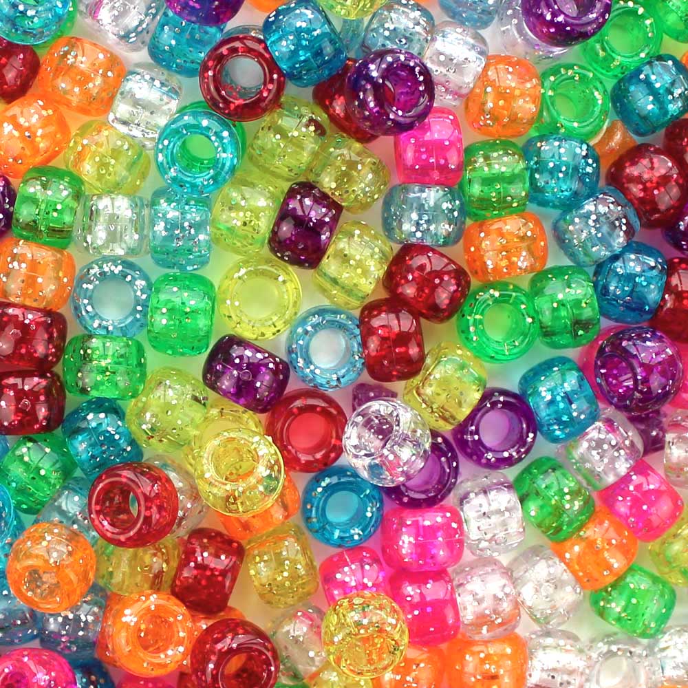 Fun Glitter Mix Plastic Pony Beads. Size 6 x 9 mm. Craft Beads. Made in the USA. Bulk Pack.