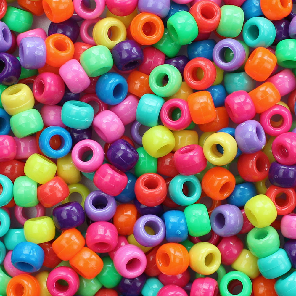 Vivid Rainbow Mix Plastic Pony Beads. Size 6 x 9 mm. Craft Beads. Made in the USA. Bulk Pack.