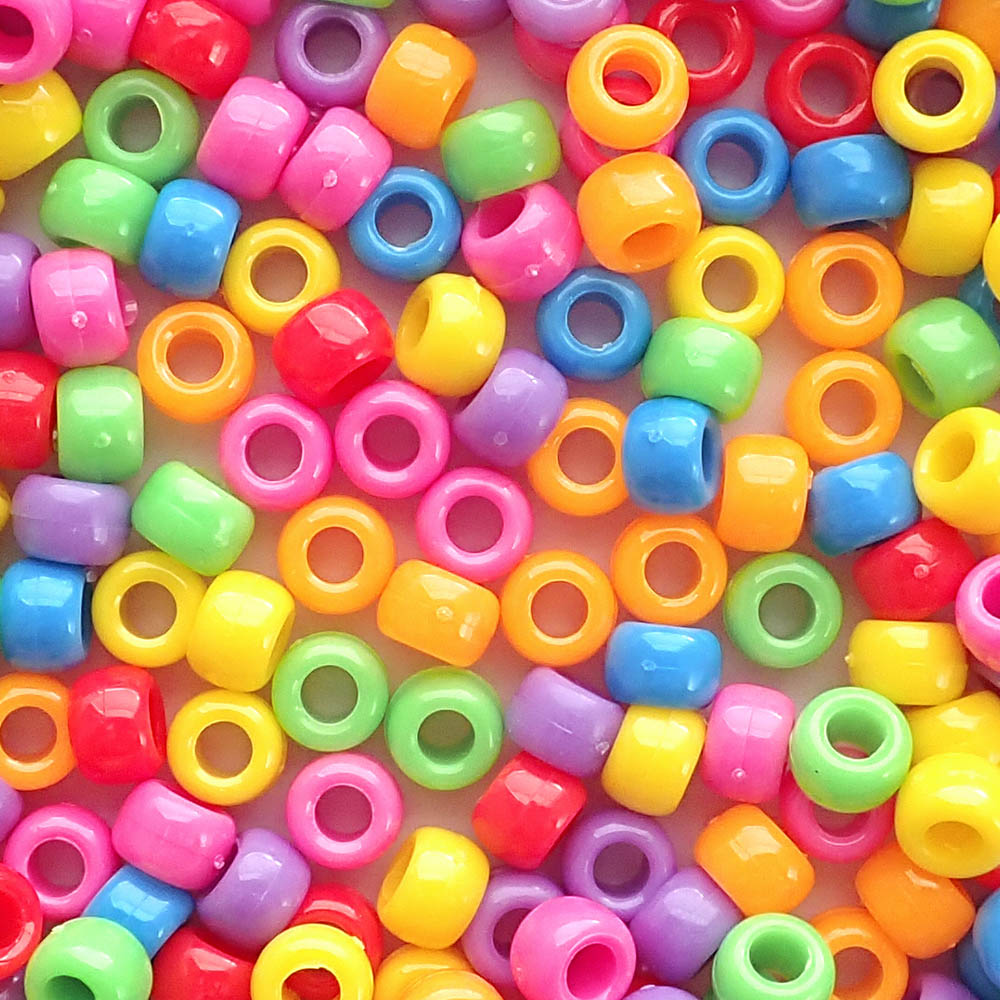 Carnival Opaque Plastic Pony Beads. Size 6 x 9 mm. Craft Beads. Made in the USA. Bulk Pack.