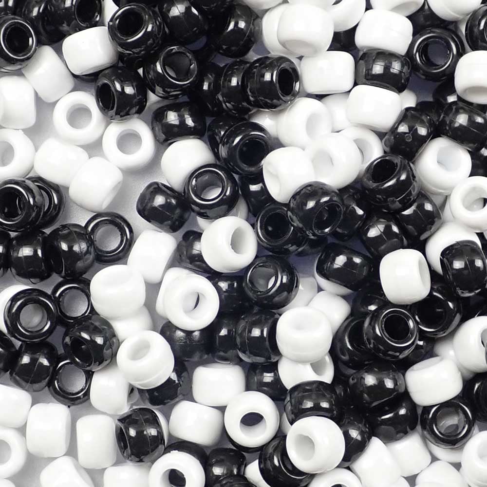 Black &amp; White Mix Plastic Pony Beads. Size 6 x 9 mm. Craft Beads. Made in the USA. Bulk Pack.