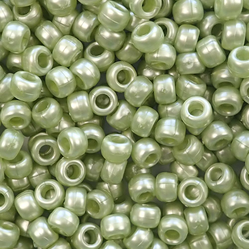 Light Fern Green Pearl Plastic Pony Beads. Size 6 x 9 mm. Craft Beads. Bulk Pack.