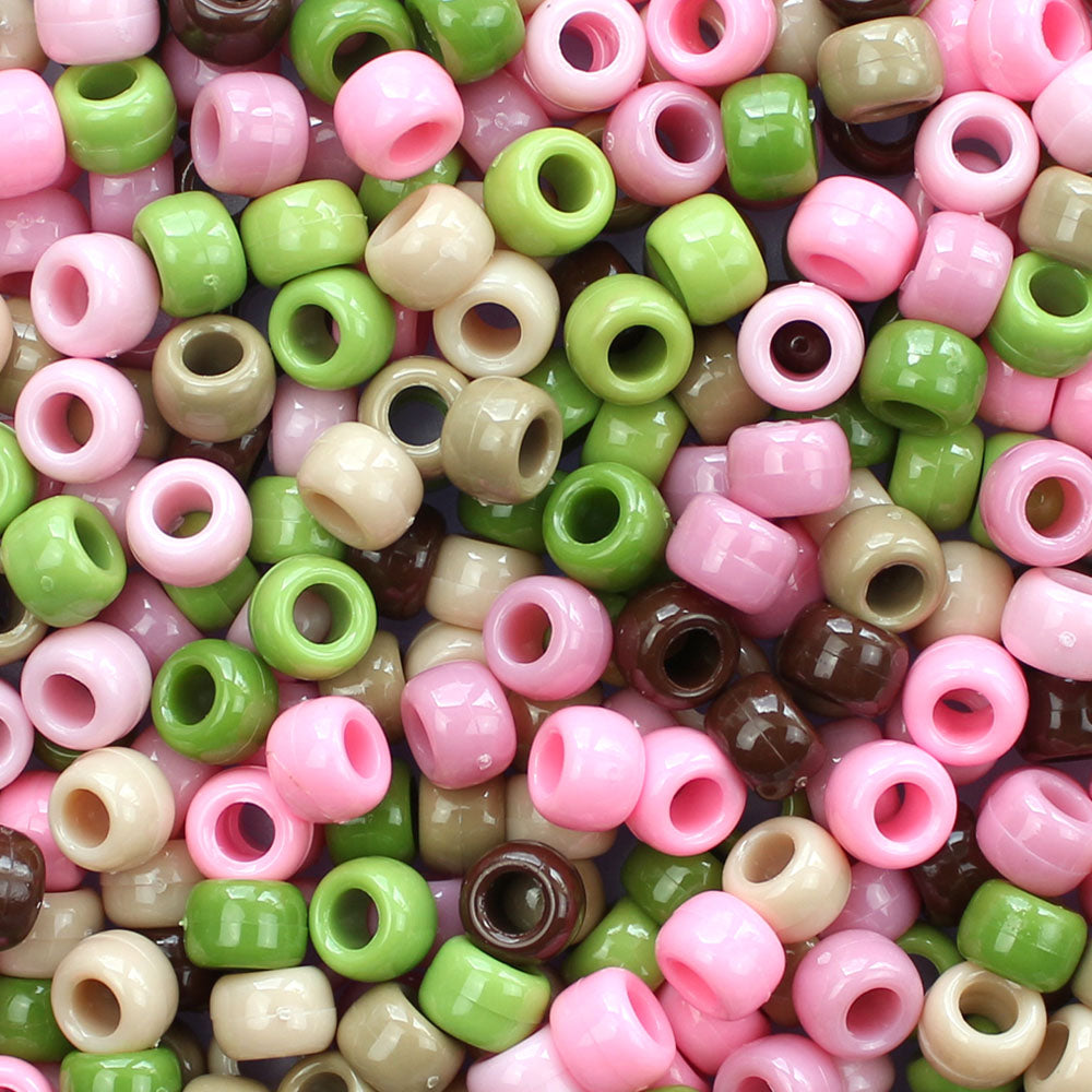 Pink Camouflage Mix Plastic Pony Beads. Size 6 x 9 mm. Craft Beads. Made in the USA. Bulk Pack.