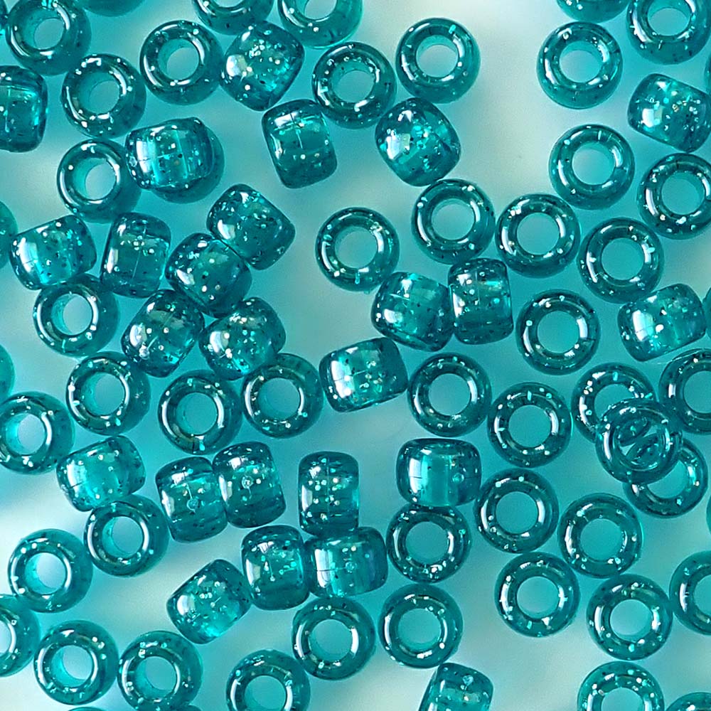 Teal Green Glitter Plastic Pony Beads. Size 6 x 9 mm. Craft Beads. Bulk Pack.