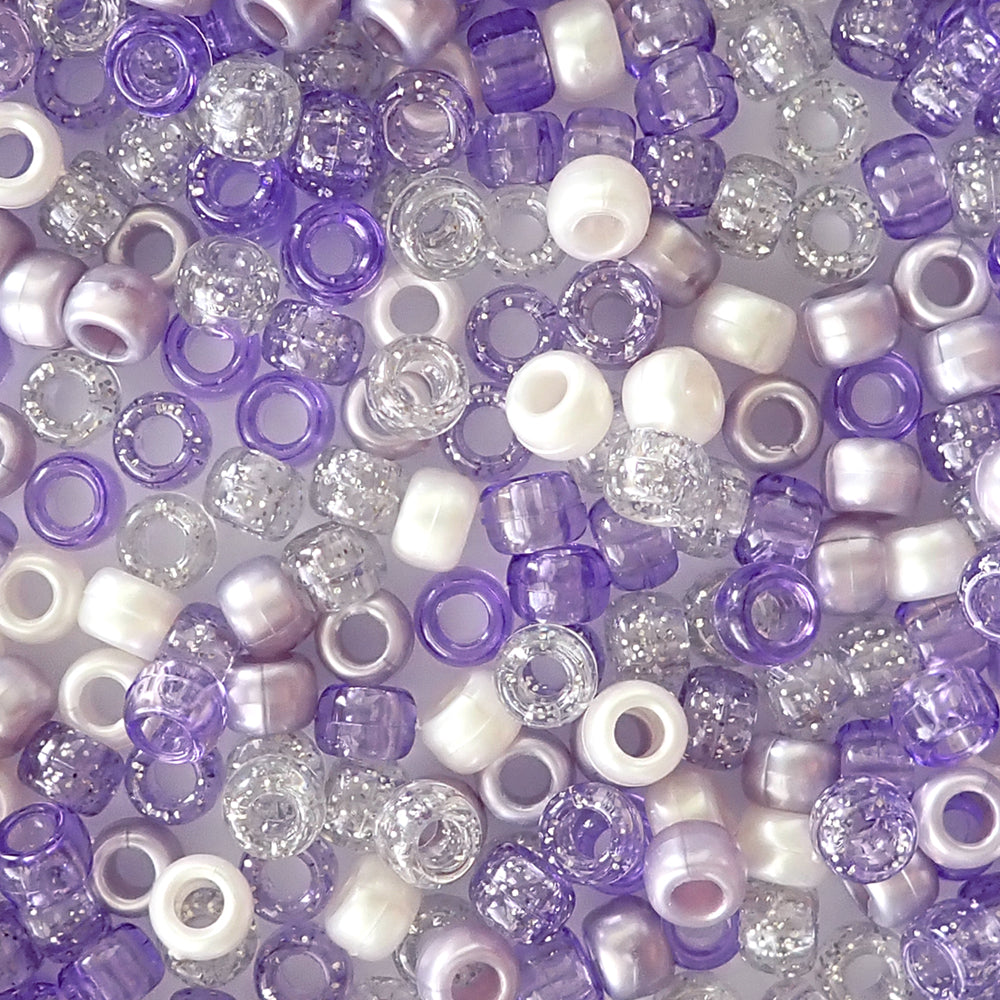 Purple Ice Mix Plastic Pony Beads. Size 6 x 9 mm. Craft Beads. Made in the USA. Bulk Pack.