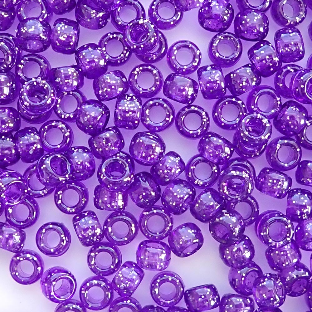 Amethyst Purple Glitter Plastic Pony Beads. Size 6 x 9 mm. Craft Beads. Bulk Pack.