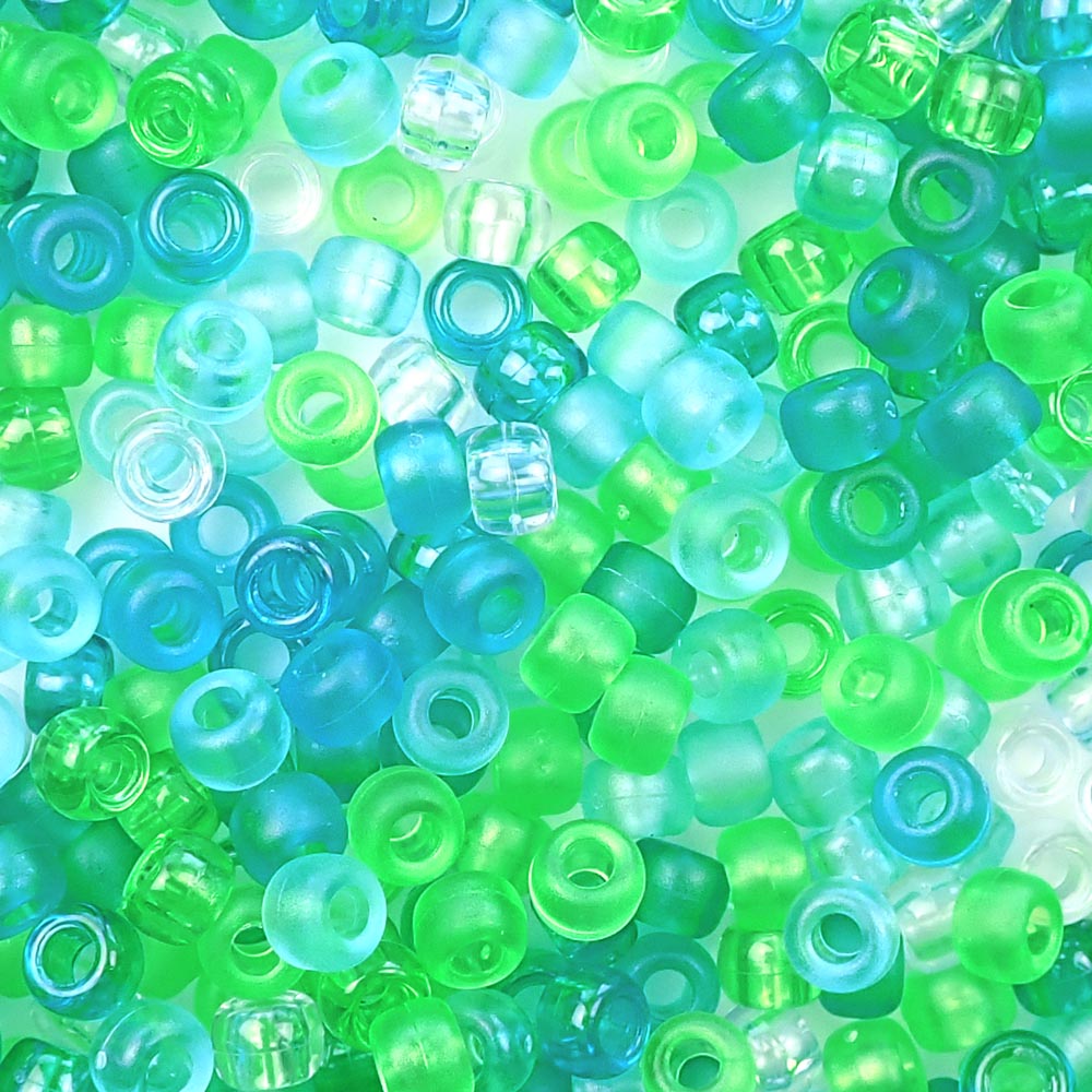 Sea Glass Green &amp; Turquoise Mix Plastic Pony Beads. Size 6 x 9 mm. Craft Beads. Made in the USA. Bulk Pack.