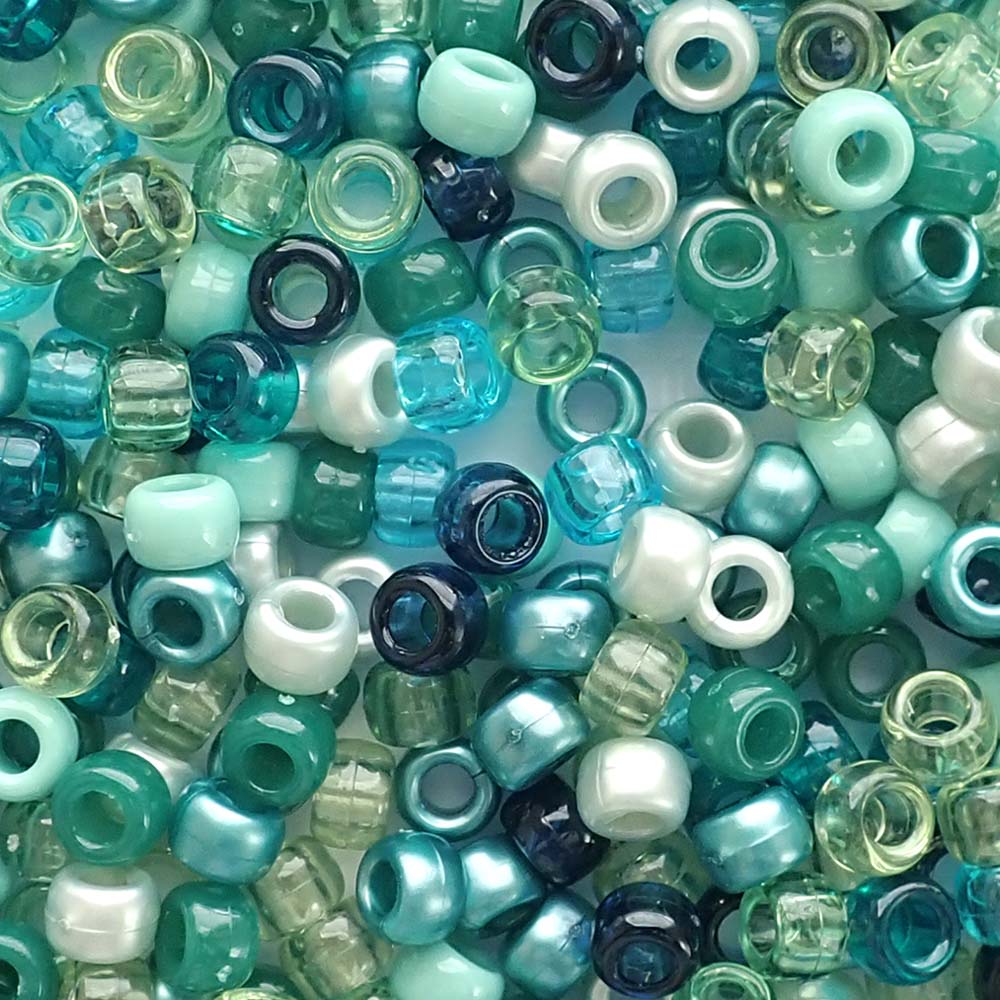 Teal Blue Green Jewel Mix Plastic Pony Beads. Size 6 x 9 mm. Craft Beads. Made in the USA. Bulk Pack.