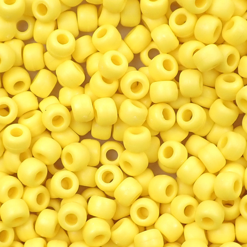 Matte Yellow Opaque Plastic Pony Beads. Size 6 x 9 mm. Craft Beads. Bulk Pack.