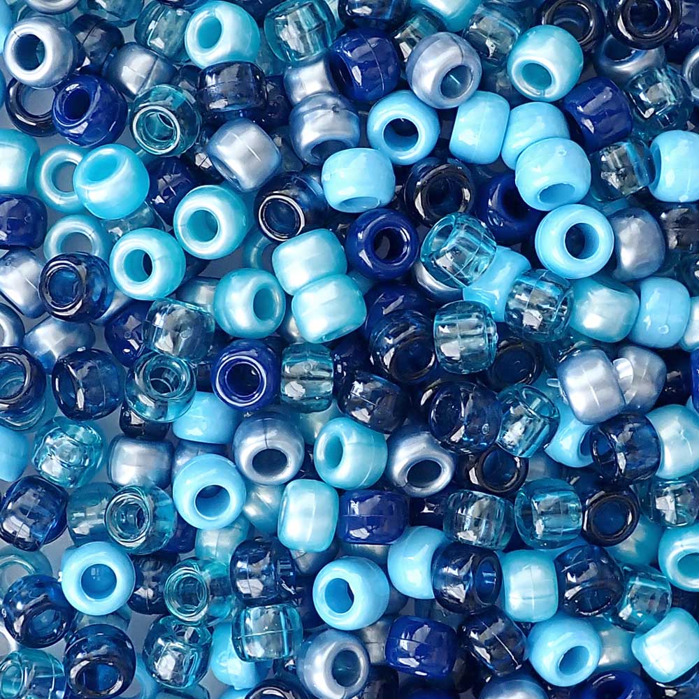 Pacific Blue Mix Plastic Pony Beads. Size 6 x 9 mm. Craft Beads. Made in the USA. Bulk Pack.