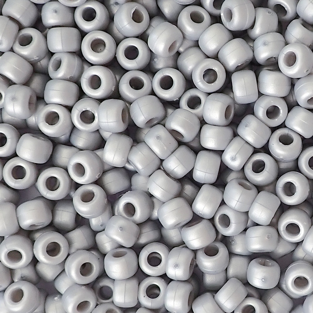 Satin Matte Medium Silver Gray Pearl Plastic Pony Beads. Size 6 x 9 mm. Craft Beads. Bulk Pack.