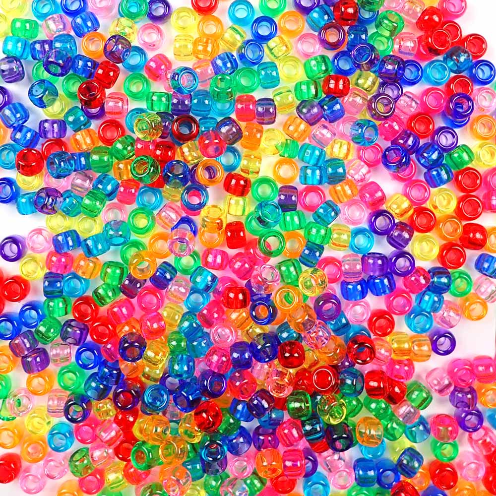 Fun Rainbow Transparent Mix Plastic Pony Beads 6 x 9mm, 500 beads
