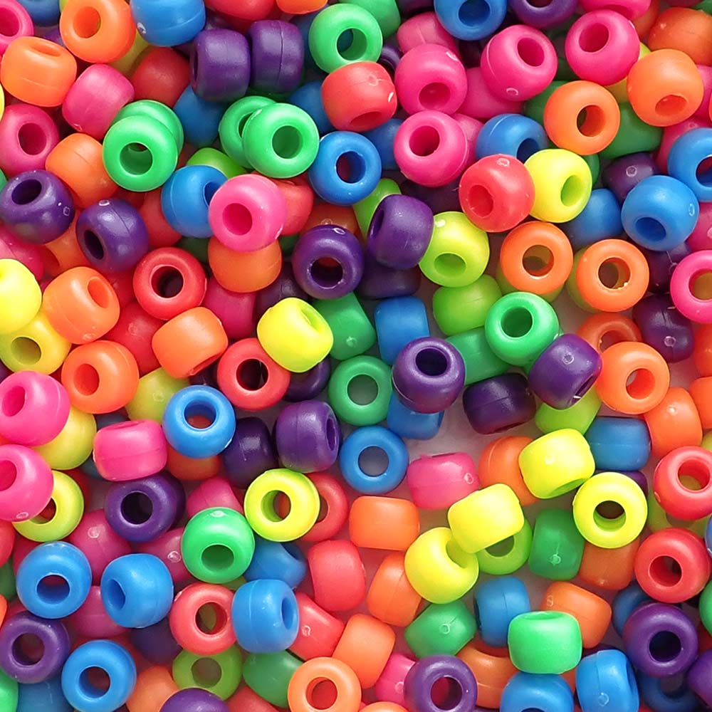 Matte Neon Mix Plastic Pony Beads. Size 6 x 9 mm. Craft Beads. Made in the USA. Bulk Pack.