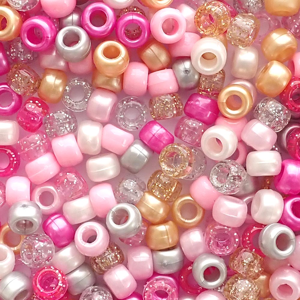 Princess Pink Mix Plastic Pony Beads. Size 6 x 9 mm. Craft Beads. Made in the USA. Bulk Pack.