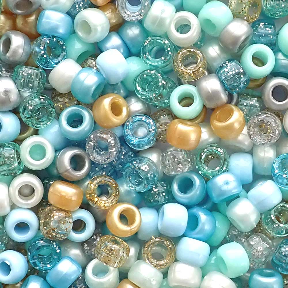 Princess Aqua Blue Mix Plastic Pony Beads. Size 6 x 9 mm. Craft Beads. Made in the USA. Bulk Pack.