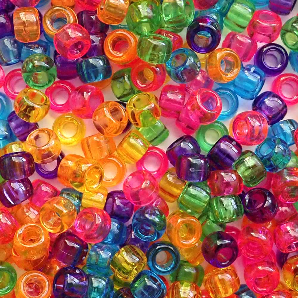 Vibrant Transparent Mix Plastic Pony Beads 6 x 9mm, 1500 beads