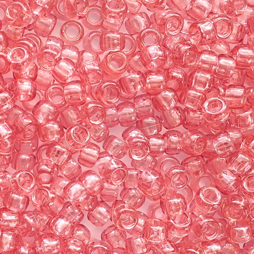 Medium Coral Transparent Plastic Pony Beads. Size 6 x 9 mm. Craft Beads. Bulk Pack.