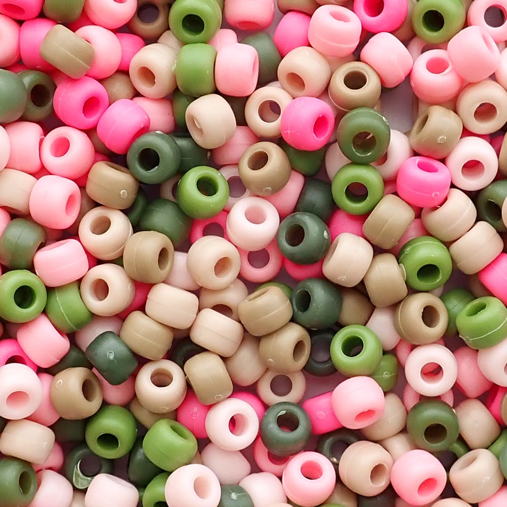 Matte Pink Camouflage Mix Plastic Pony Beads. Size 6 x 9 mm. Craft Beads. Made in the USA. Bulk Pack.