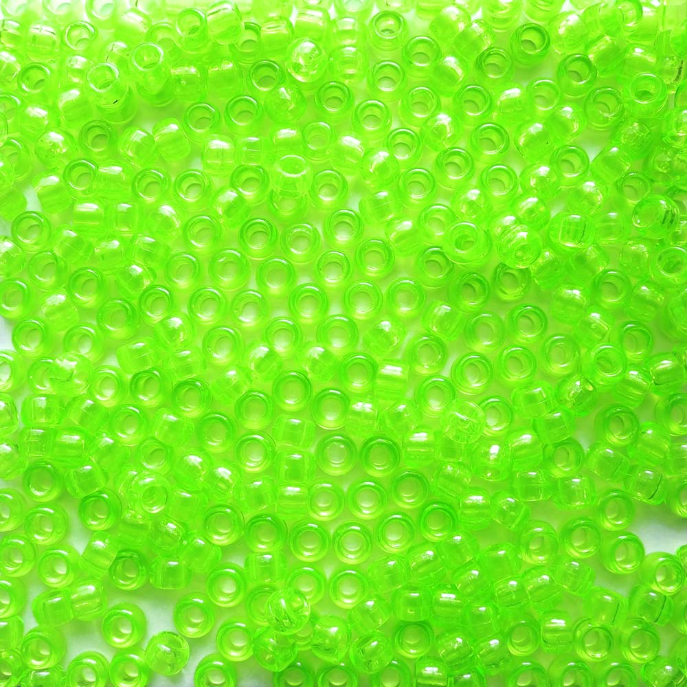 Neon Lime Green Transparent Plastic Pony Beads 6 x 9mm, 500 beads