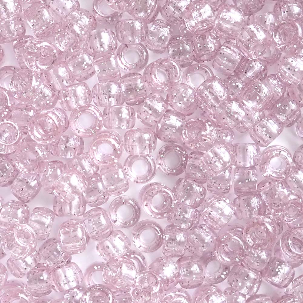 Pale Pink Glitter Plastic Pony Beads. Size 6 x 9 mm. Craft Beads. Made in the USA.