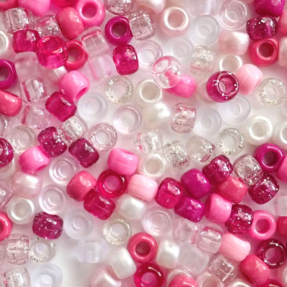 Raspberry Ice Mix Plastic Pony Beads 6 x 9mm, 500 beads
