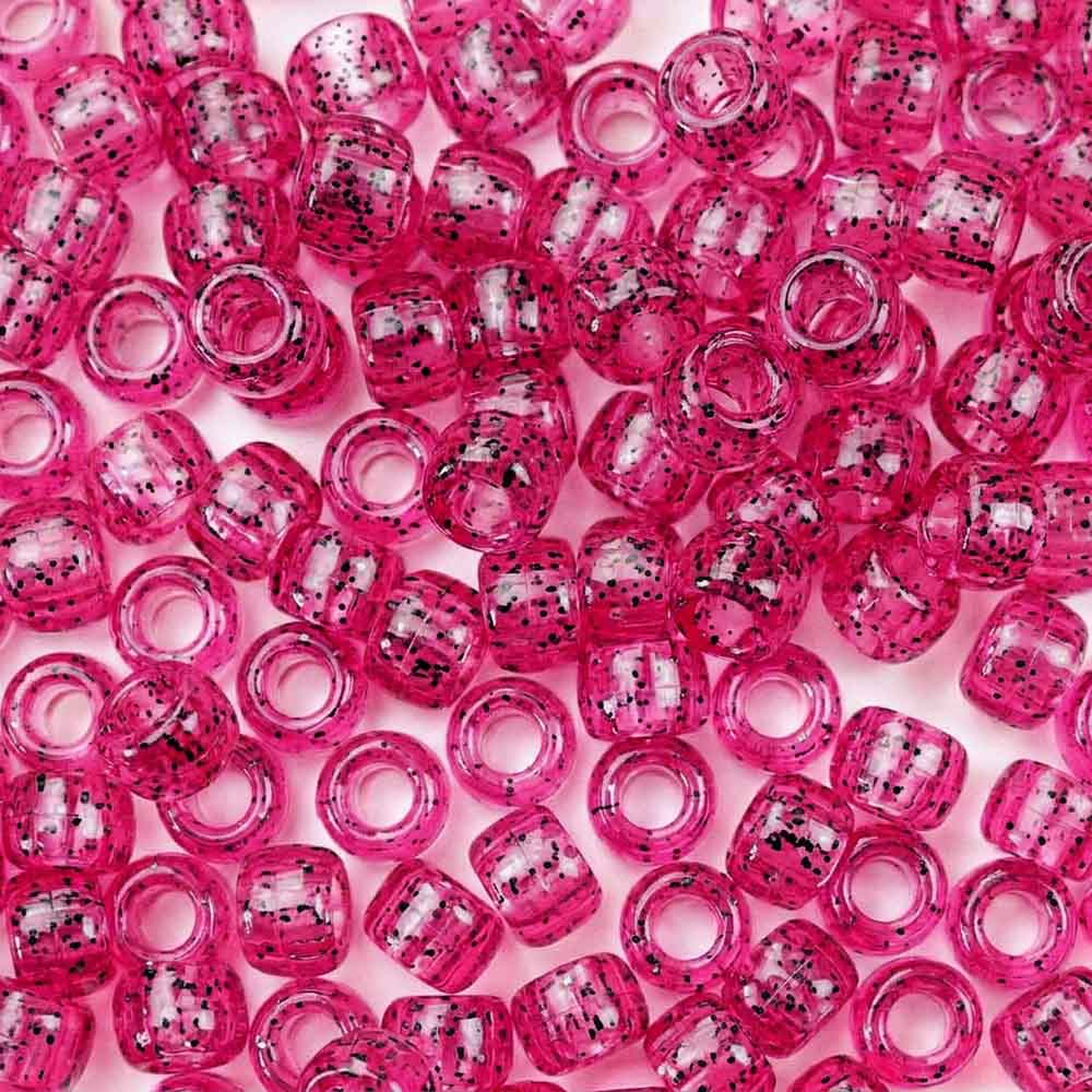 Cerise Pink w/ Black Glitter Plastic Pony Beads, 6 x 9mm, 500 beads