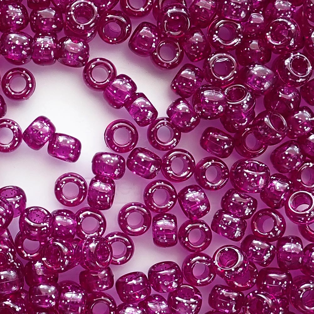 Dark Magenta Glitter Plastic Pony Beads. Size 6 x 9 mm. Craft Beads. Bulk Pack.