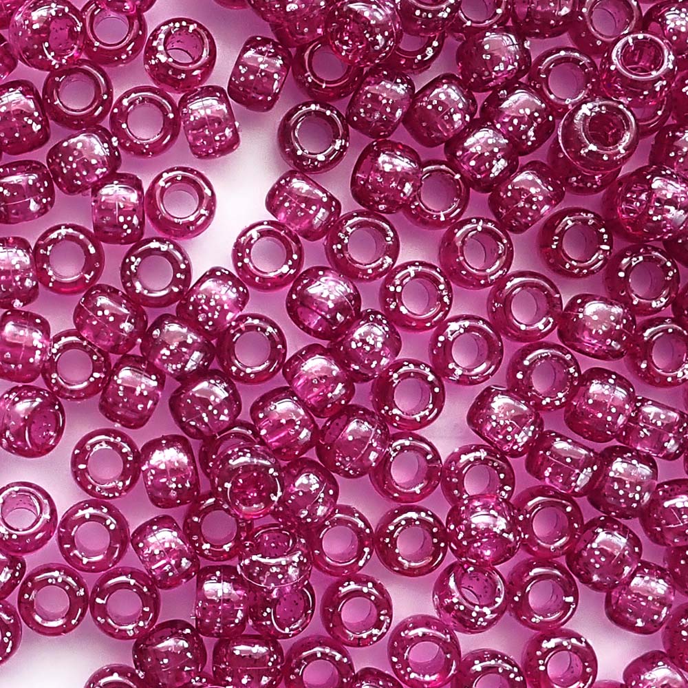 Dark Pink Glitter Plastic Pony Beads. Size 6 x 9 mm. Craft Beads. Bulk Pack.