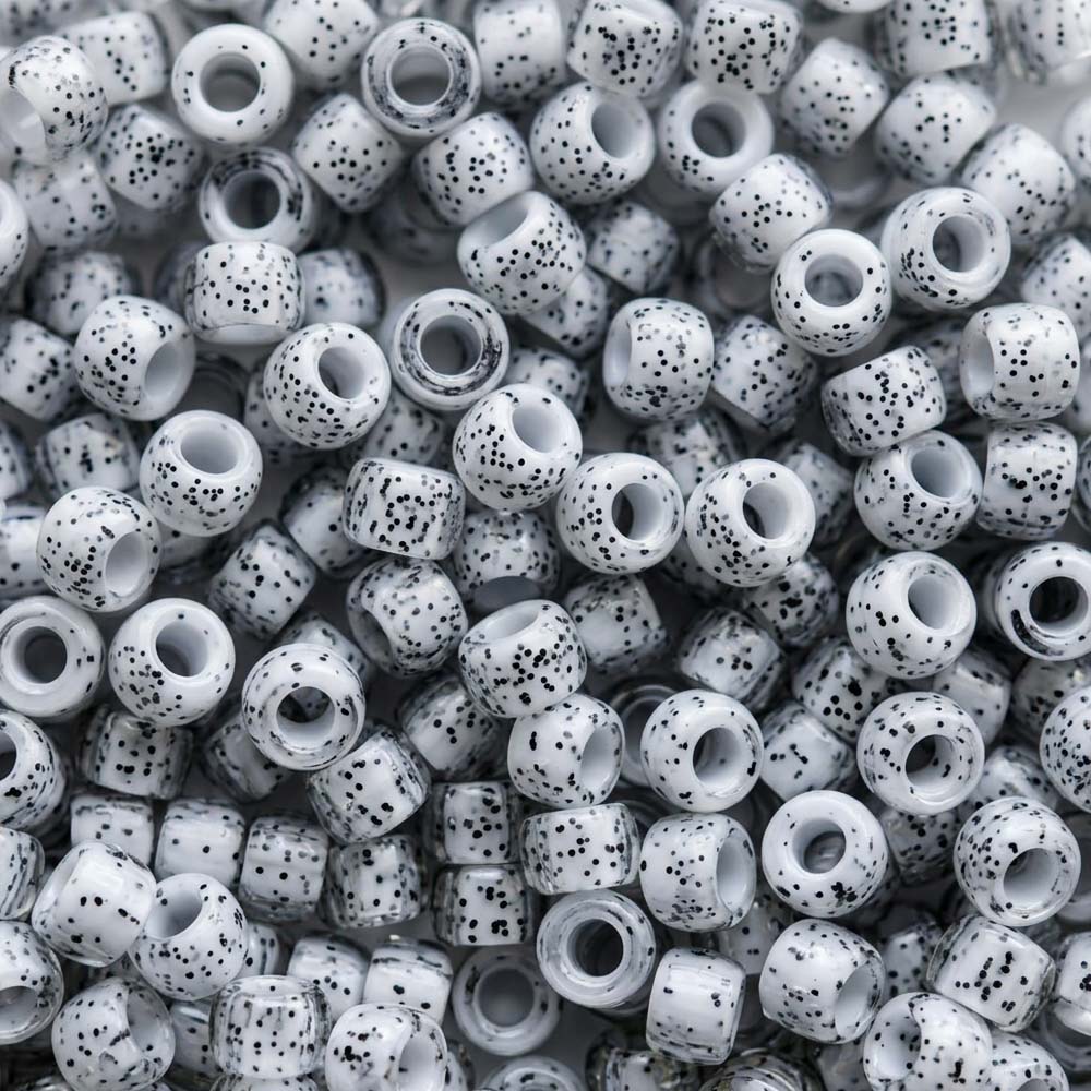 White w/ Black Glitter Plastic Pony Beads, 6 x 9mm, 500 beads