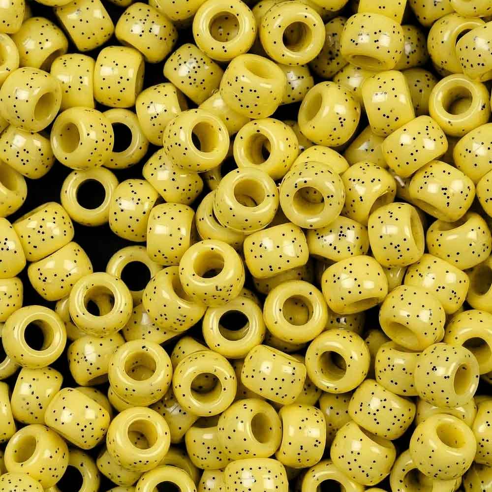 Yellow w/ Black Glitter Plastic Pony Beads, 6 x 9mm, 500 beads