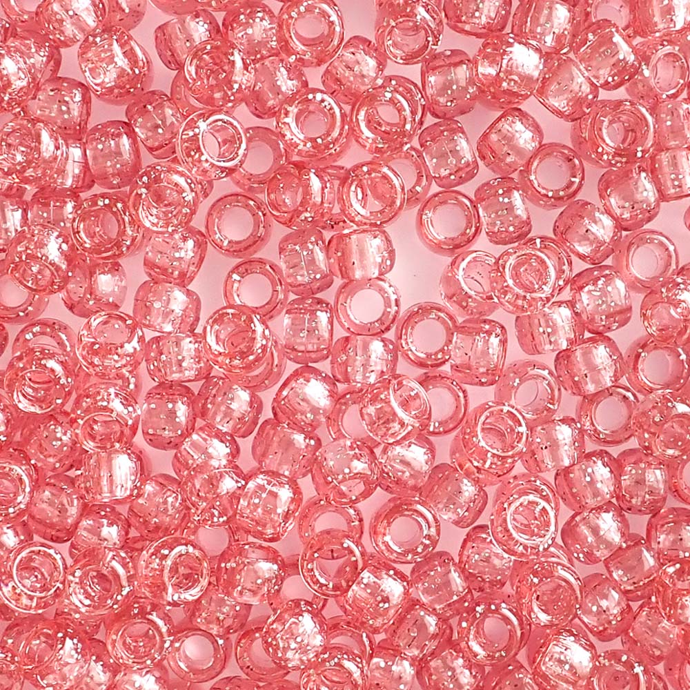 Medium Coral Glitter Plastic Pony Beads. Size 6 x 9 mm. Craft Beads. Made in the USA.
