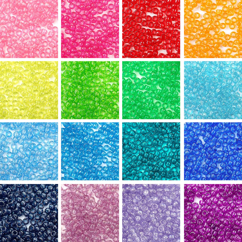 Rainbow Glitter Combo Kit, 16 Colors, Plastic Pony Beads 6 x 9mm, 2400 beads