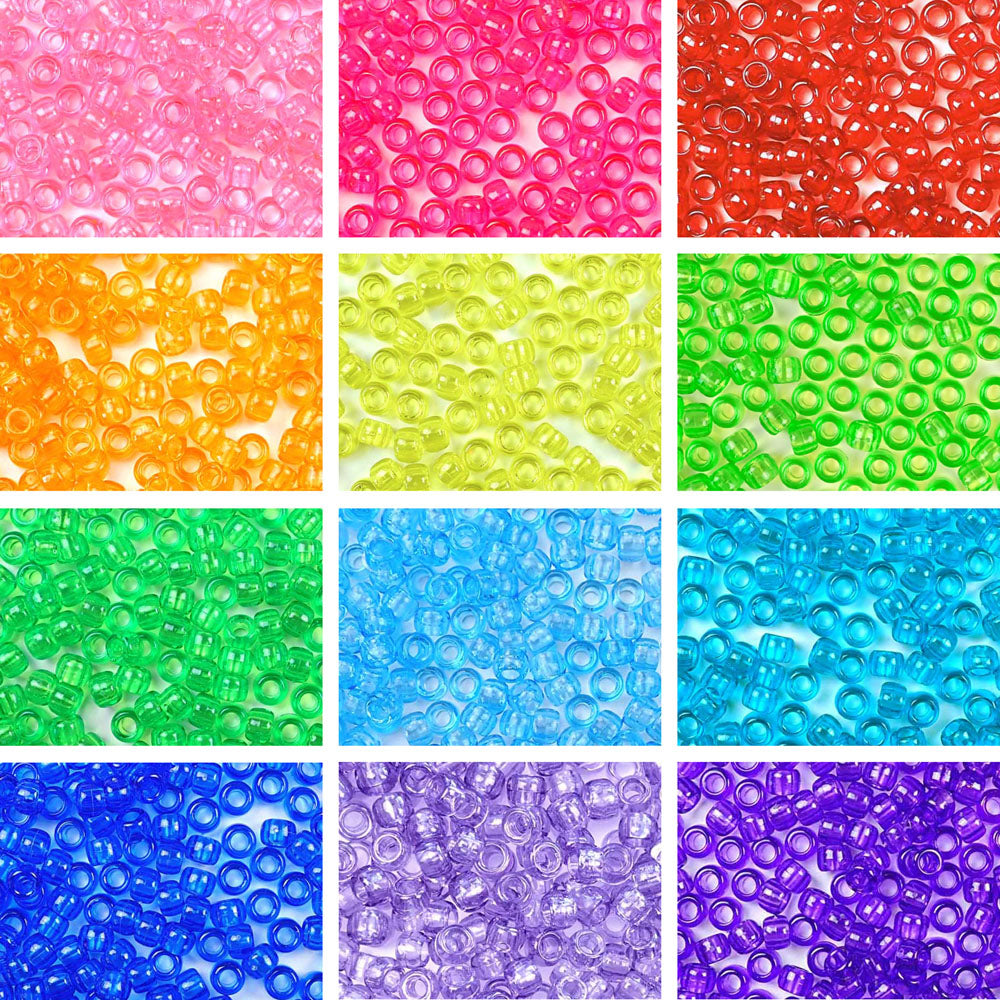 Rainbow Transparent 12 Color Kit, Plastic Pony Beads 6 x 9mm, 1800 beads