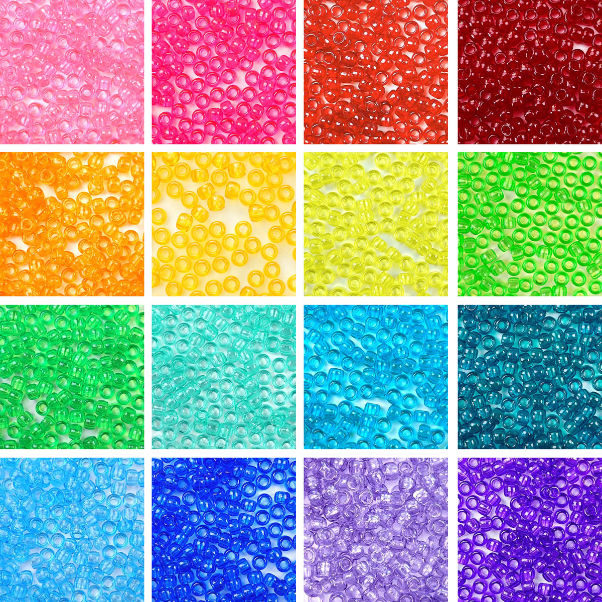 Rainbow Transparent Combo Kit, 16 Colors, Plastic Pony Beads 6 x 9mm, 2400 beads