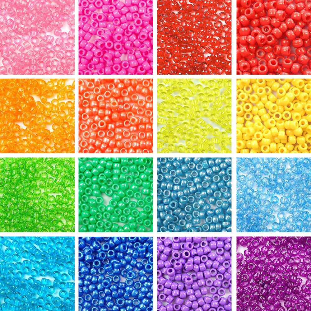 Happy Rainbow Combo Kit, 16 Colors, Plastic Pony Beads 6 x 9mm, 2400 beads