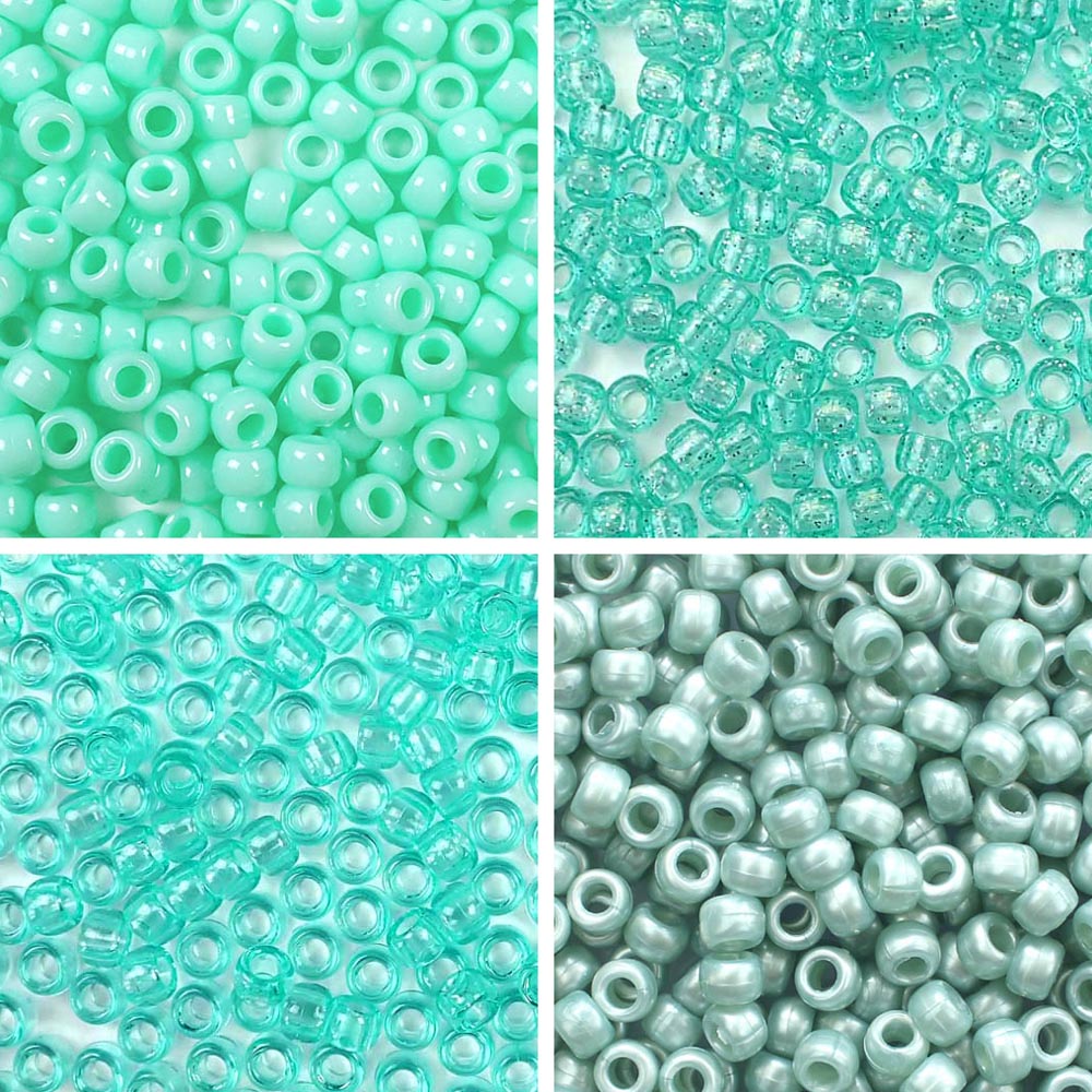 Sea Green 4 Color Kit, Plastic Pony Beads 6 x 9mm, 1000 beads