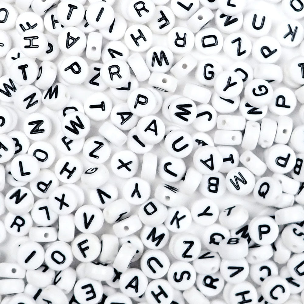 Plastic White Mixed Alphabet Beads, Round 7mm, (Horizontal), 1000 beads